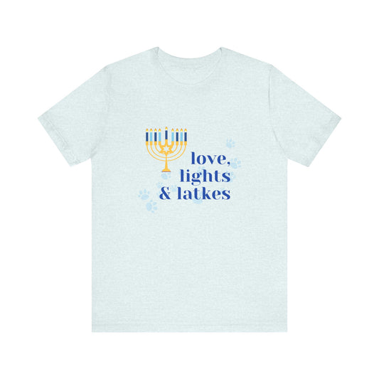 Love, Lights & Latkes Unisex Short Sleeve Tee