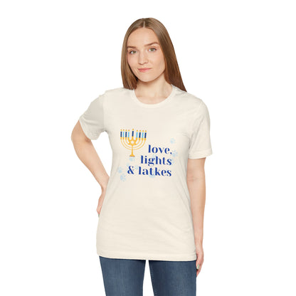 Love, Lights & Latkes Unisex Short Sleeve Tee