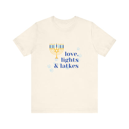 Love, Lights & Latkes Unisex Short Sleeve Tee